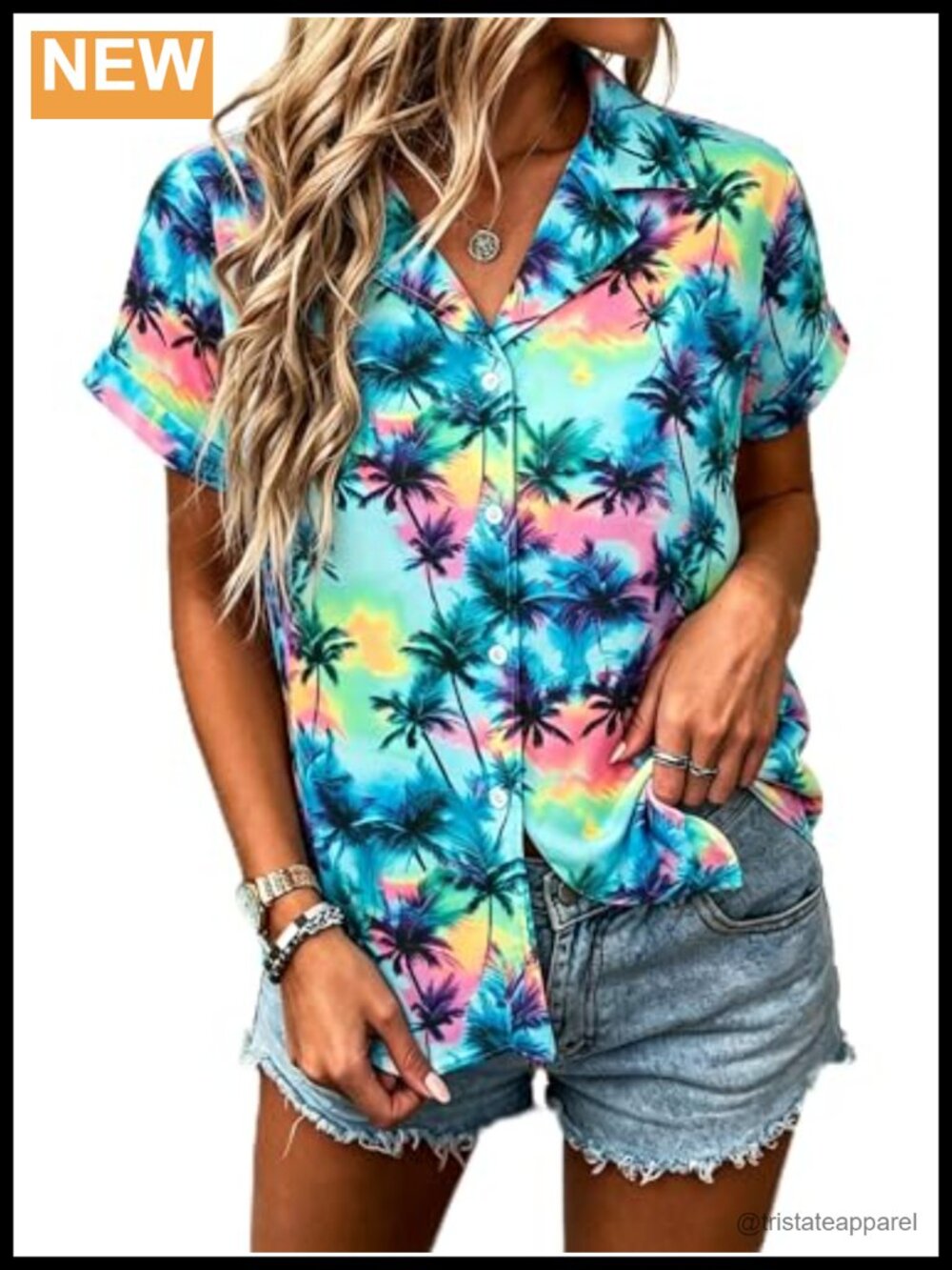 Women's Hawaiian Button Up Shirt Tropical Print Blouse Summer Beach